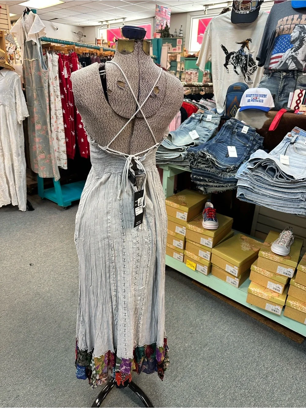 NWT Smocked Boho Light Grey Maxi Dress with Colorful Ruffle Gypsy Hem - Picture 2 of 10